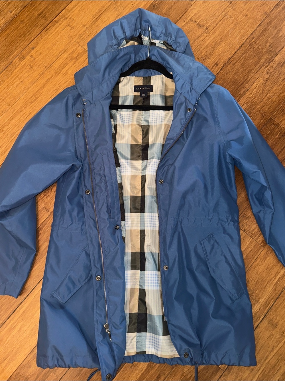 Lands' End Hooded Plaid-Lined Coat in Blue Size Small